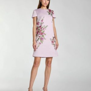 Purple Cap Sleeve Embroidered Satin Mini Dress