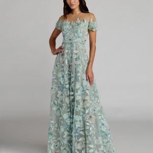 Green High Neck Cap Sleeve Embellished A-Line Gown