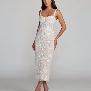 Ivory Embellished Lace Sleeveless Midi Dress