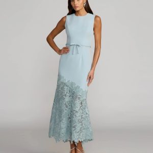Blue Embroidered Hem Sleeveless Midi Dress with Bow