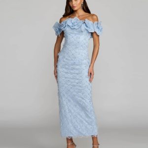 Blue Off The Shoulder Embellished Dress With 3D Flower Detail