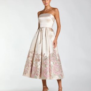 Ivory Strapless Brocade A Line Midi Dress