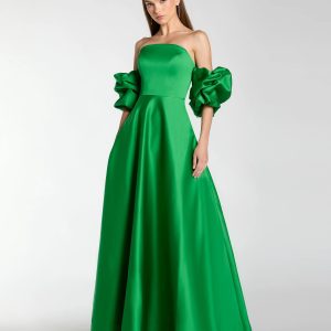 Green Satin Off The Shoulder Puff Sleeve Ball Gown