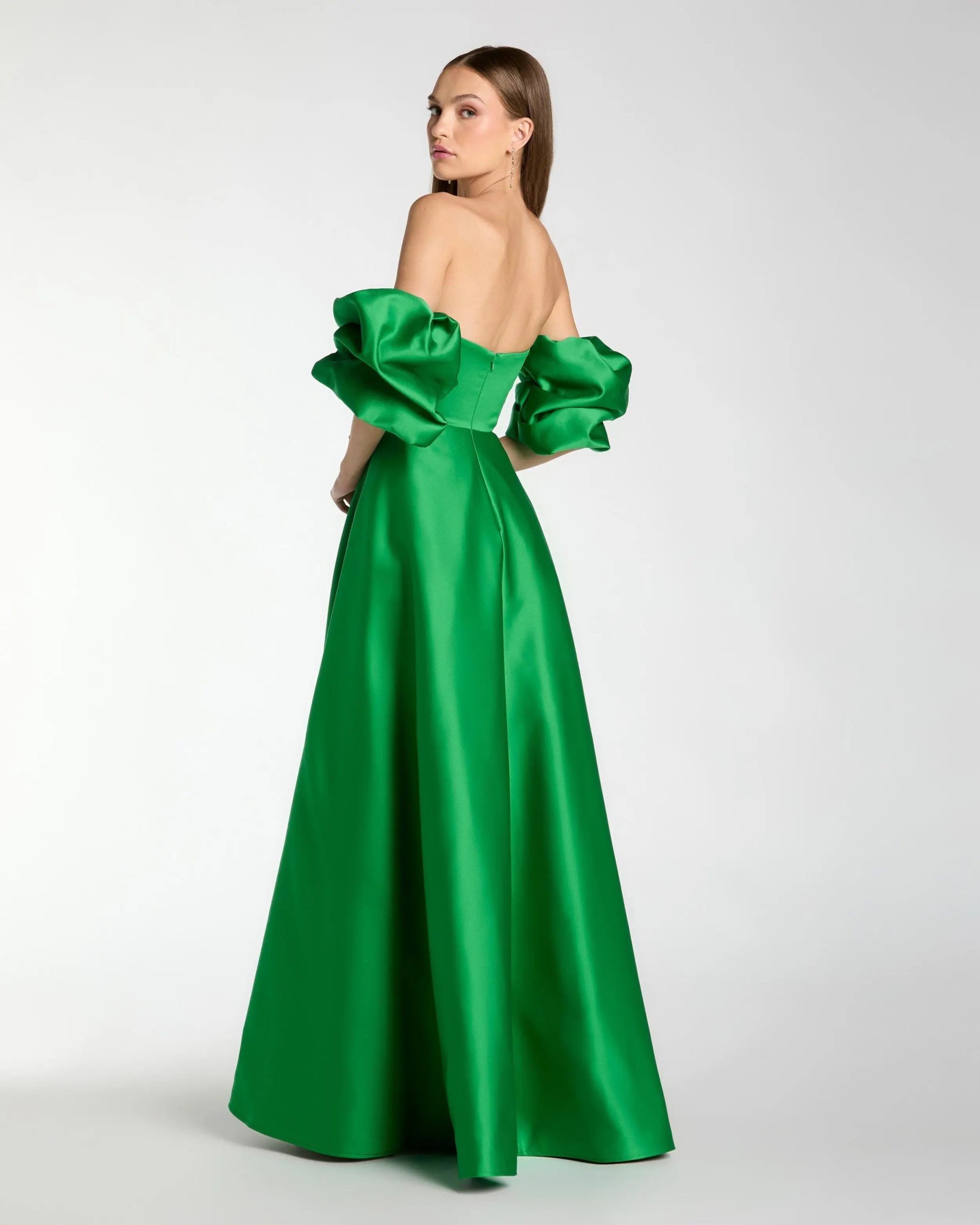 Green Satin Off The Shoulder Puff Sleeve Ball Gown - Image 3