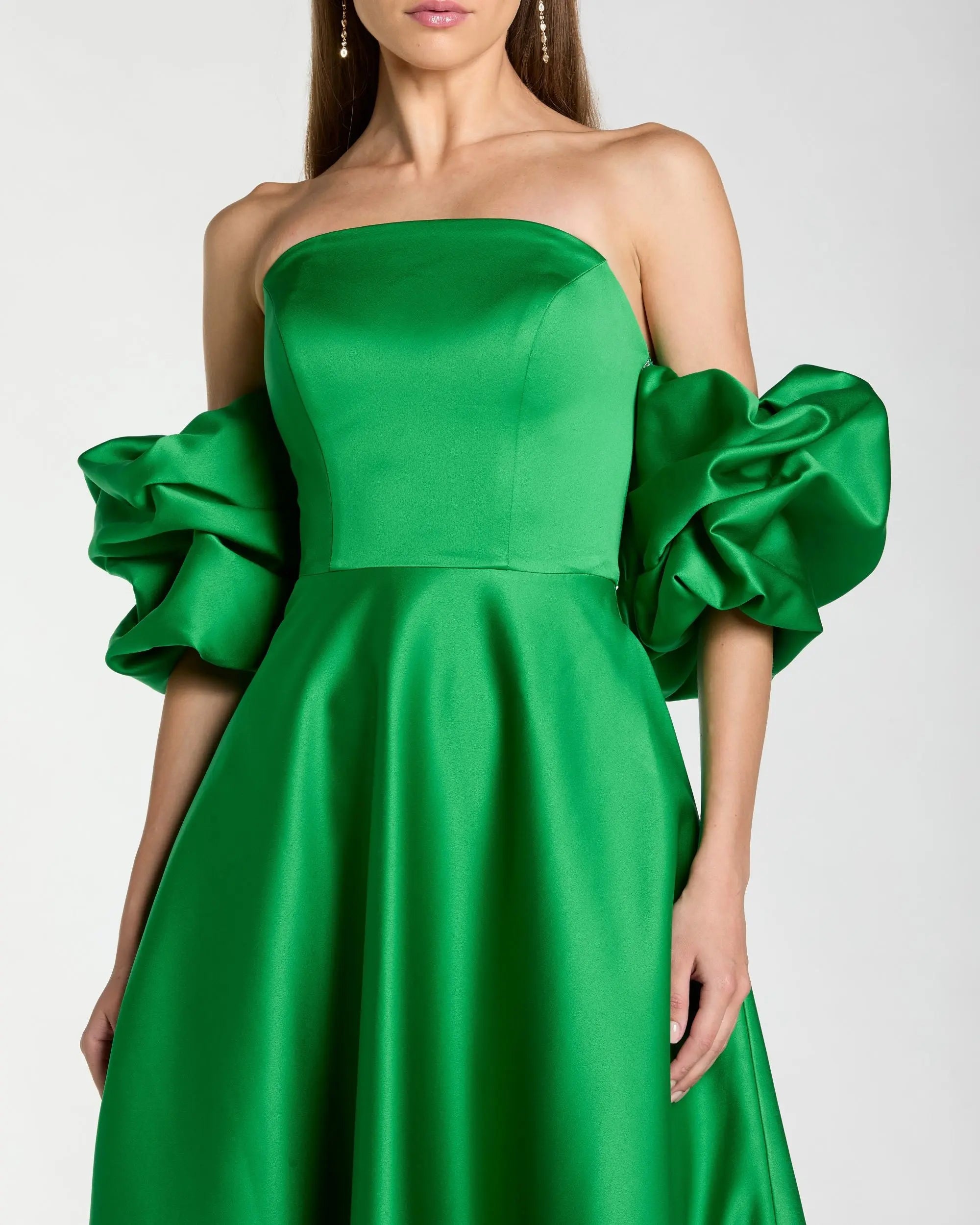 Green Satin Off The Shoulder Puff Sleeve Ball Gown - Image 2