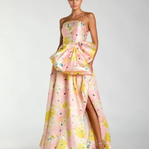 Pink Floral Strapless Bow High Slit Ball Gown