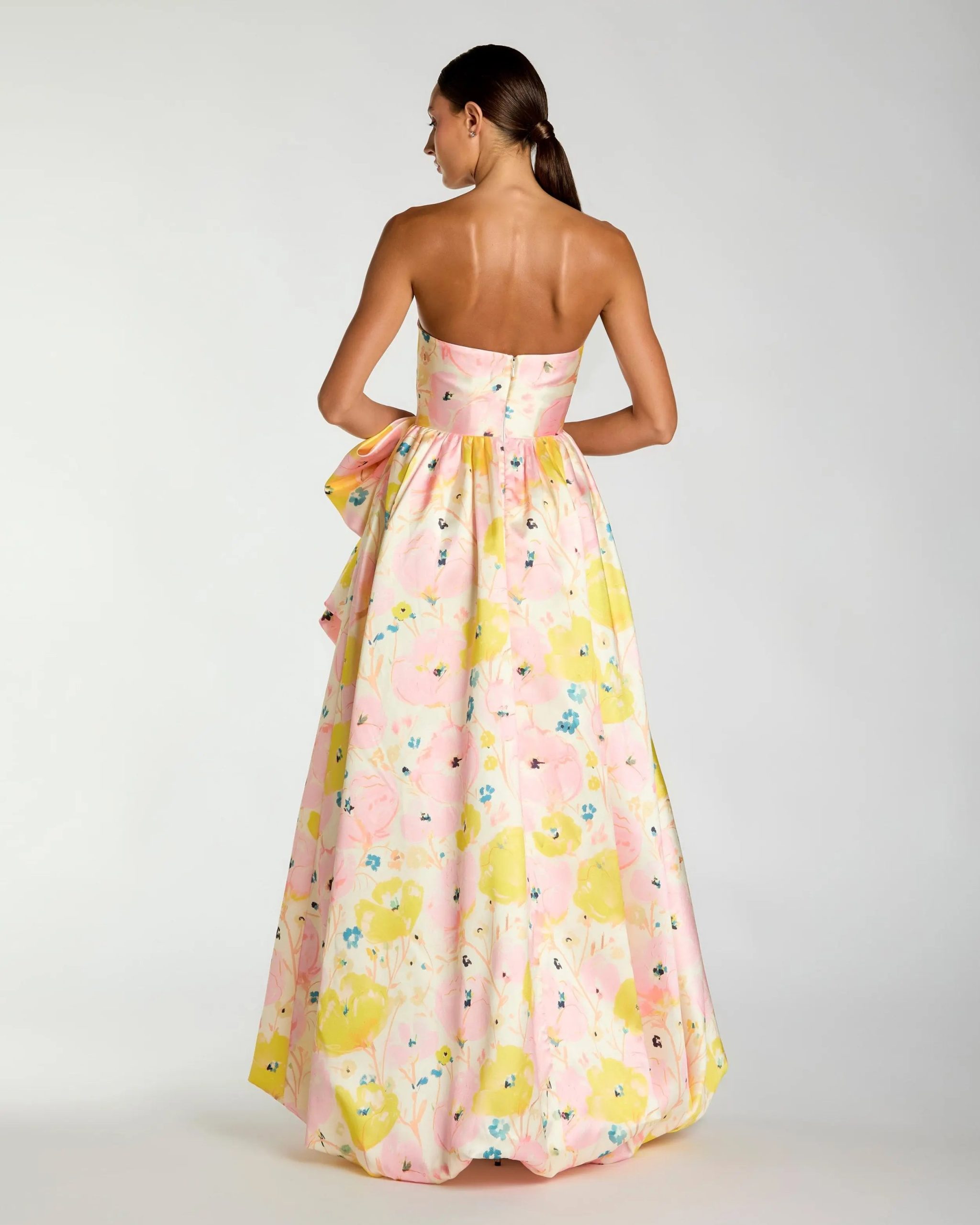 Pink Floral Strapless Bow High Slit Ball Gown - Image 3
