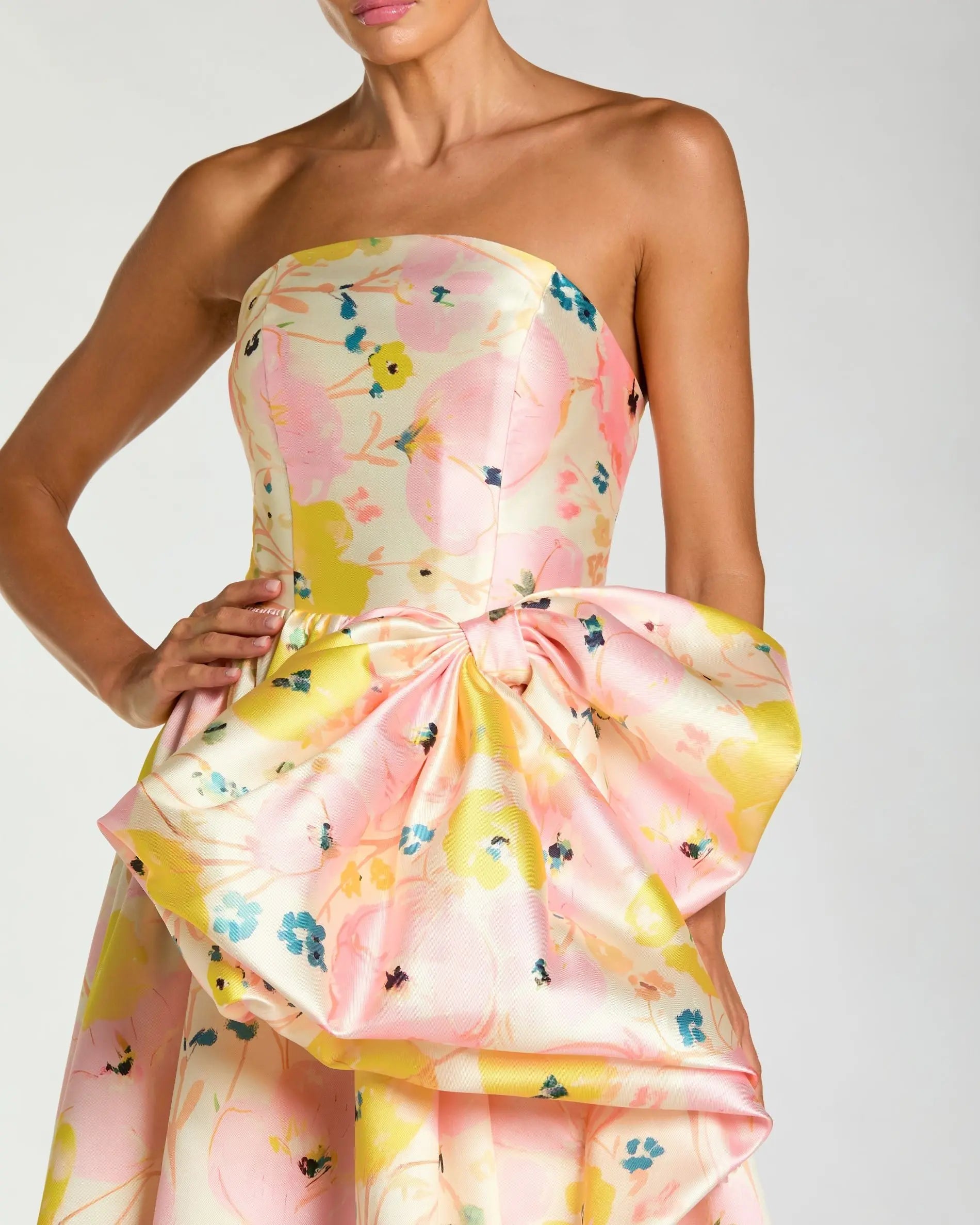 Pink Floral Strapless Bow High Slit Ball Gown - Image 2
