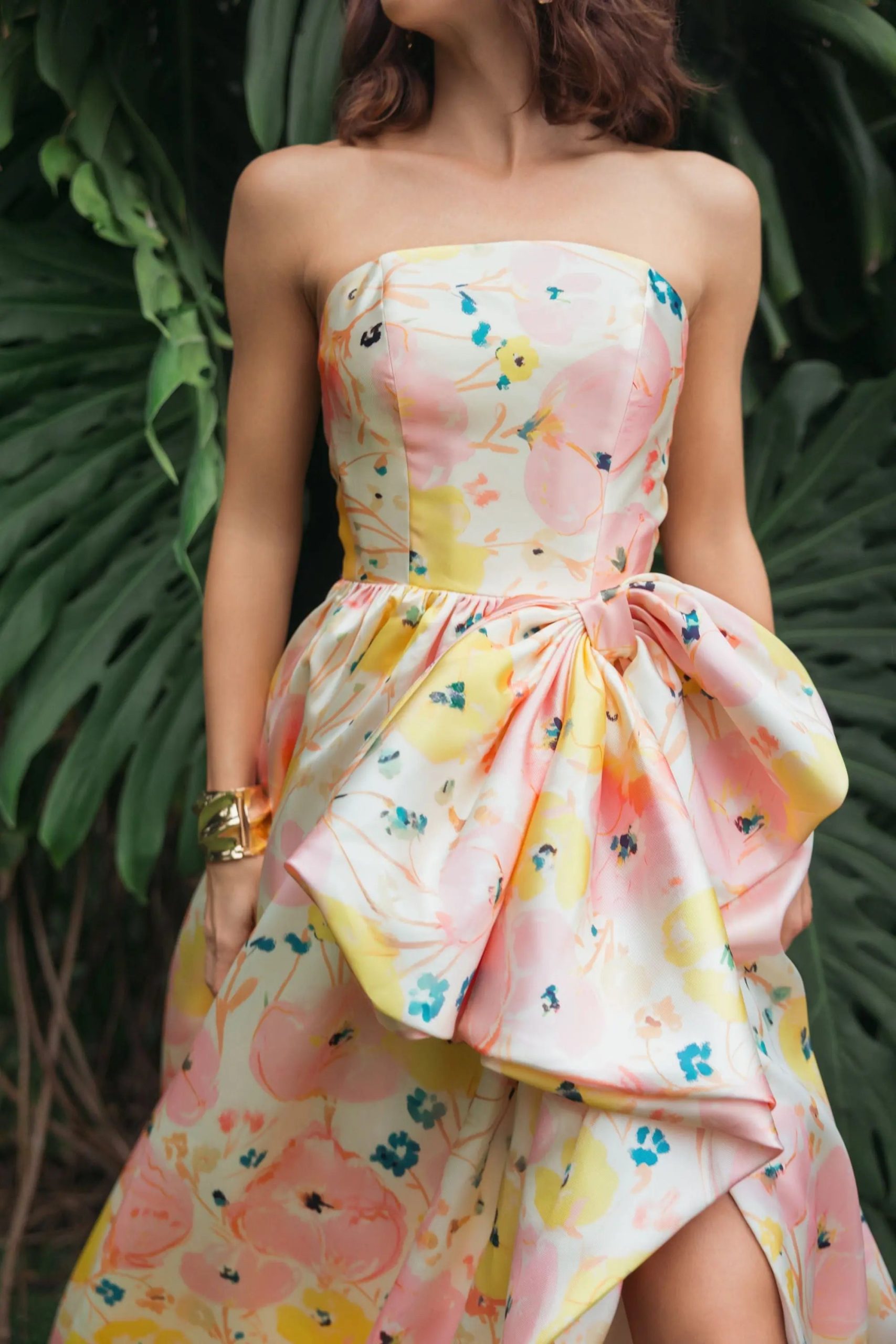 Pink Floral Strapless Bow High Slit Ball Gown - Image 5