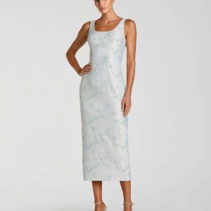 Light Blue Brocade Sleeveless Scoop Neck Midi Dress