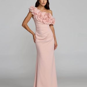 Pink One Shoulder Crepe Gown With 3D Flowers