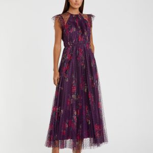 Purple Floral Flutter Sleeve Midi Dress