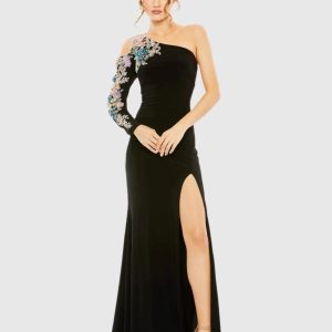 One Shoulder Long Sleeve Floral Embellished Gown