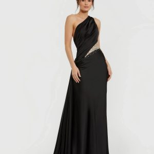 Black One Shoulder Charmeuse Gown With Beaded Cutout
