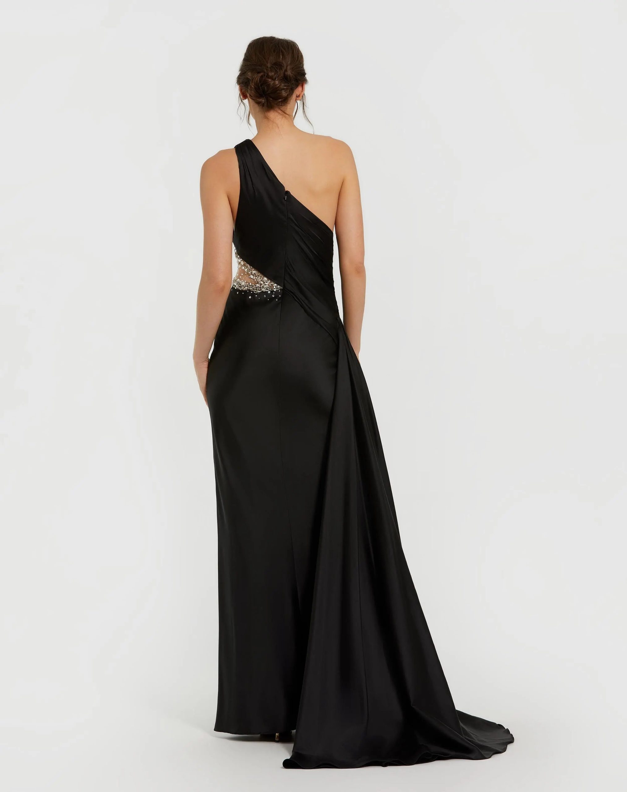 Black One Shoulder Charmeuse Gown With Beaded Cutout - Image 3