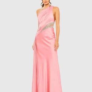 One Shoulder Embellished Satin Gown
