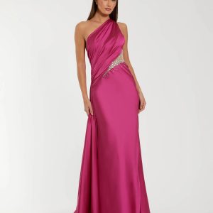 Dark Pink One Shoulder Charmeuse Gown With Beaded Cutout