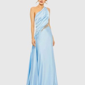 Blue One Shoulder Charmeuse Gown With Beaded Cutout