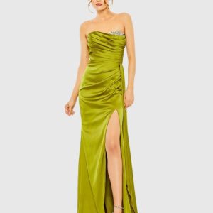 Green Strapless Embellished Sweetheart Neckline Satin Gown