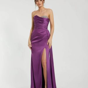 Purple Strapless Embellished Sweetheart Neckline Satin Gown