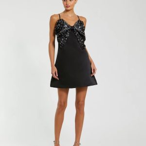 Black Sleeveless Satin A-Line Beaded Bow Mini Dress