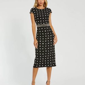 Black Hand Embellished High Neck Midi Dress
