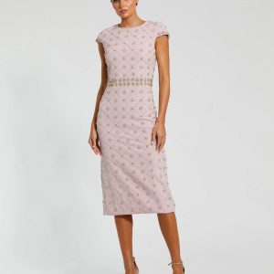Pink Hand Embellished High Neck Midi Dress