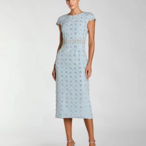 Blue Hand Embellished High Neck Midi Dress