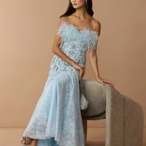 Blue Feather Embellished Strapless Mermaid Gown