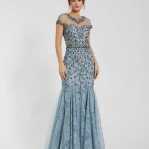 Blue Embellished Lace Evening Gown with Illusion Neckline