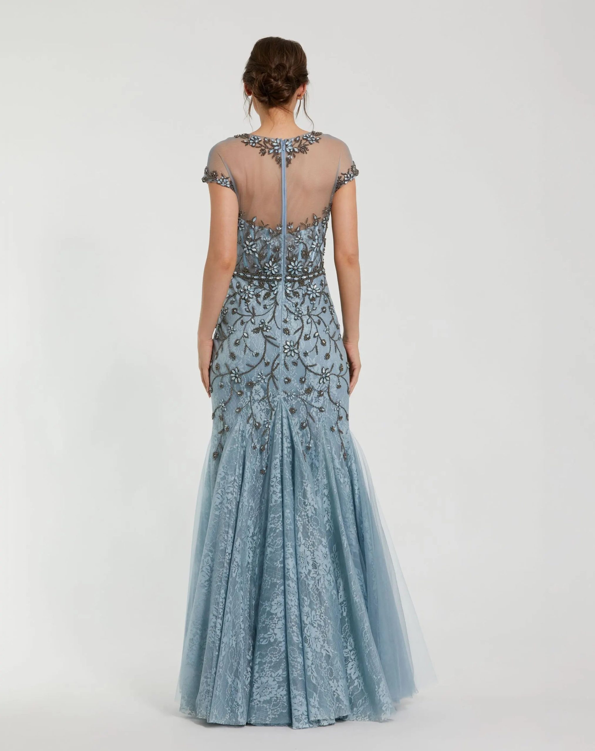 Blue Embellished Lace Evening Gown with Illusion Neckline - Image 3