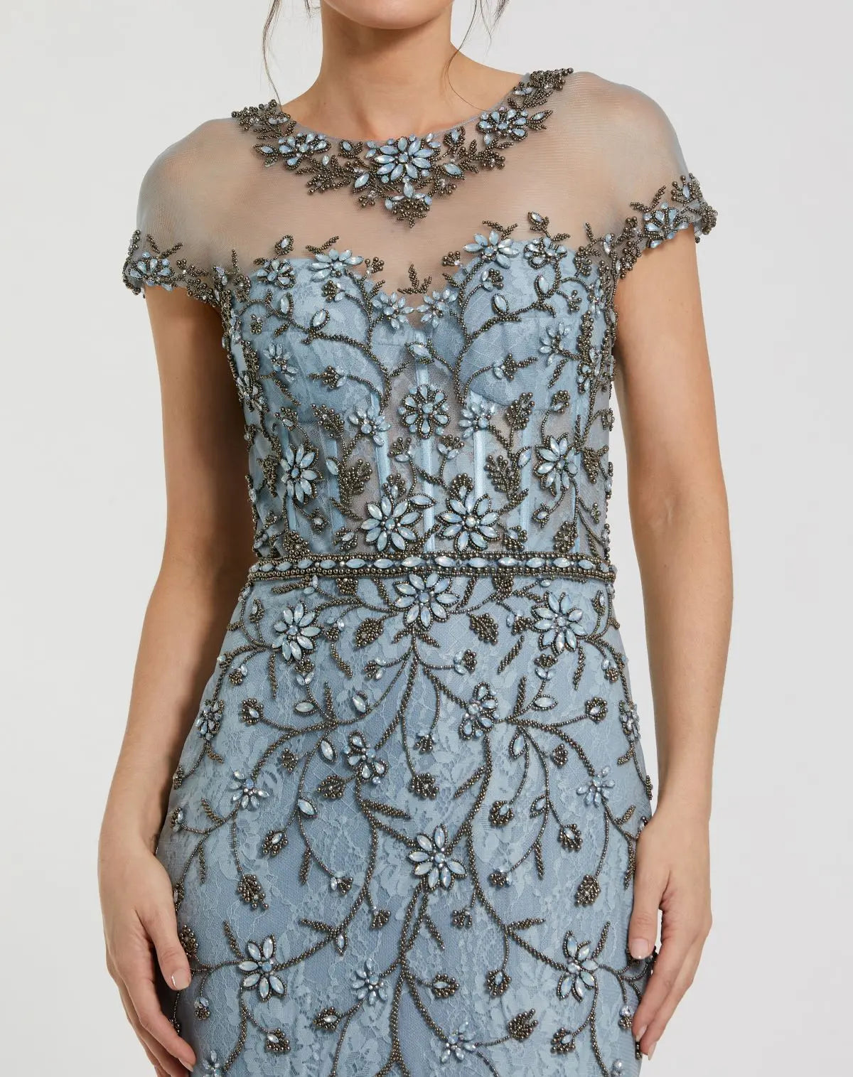 Blue Embellished Lace Evening Gown with Illusion Neckline - Image 2