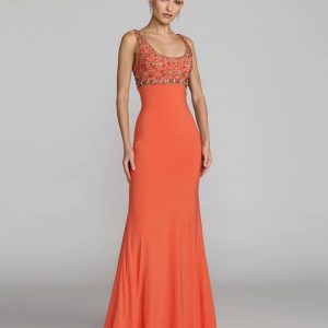 Orange Sleeveless Scoop Neck Embellished Jersey Gown