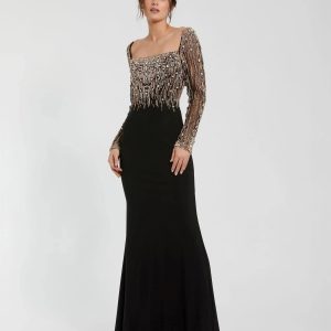 Black Beaded Square Neck Long Sleeve Jersey Gown