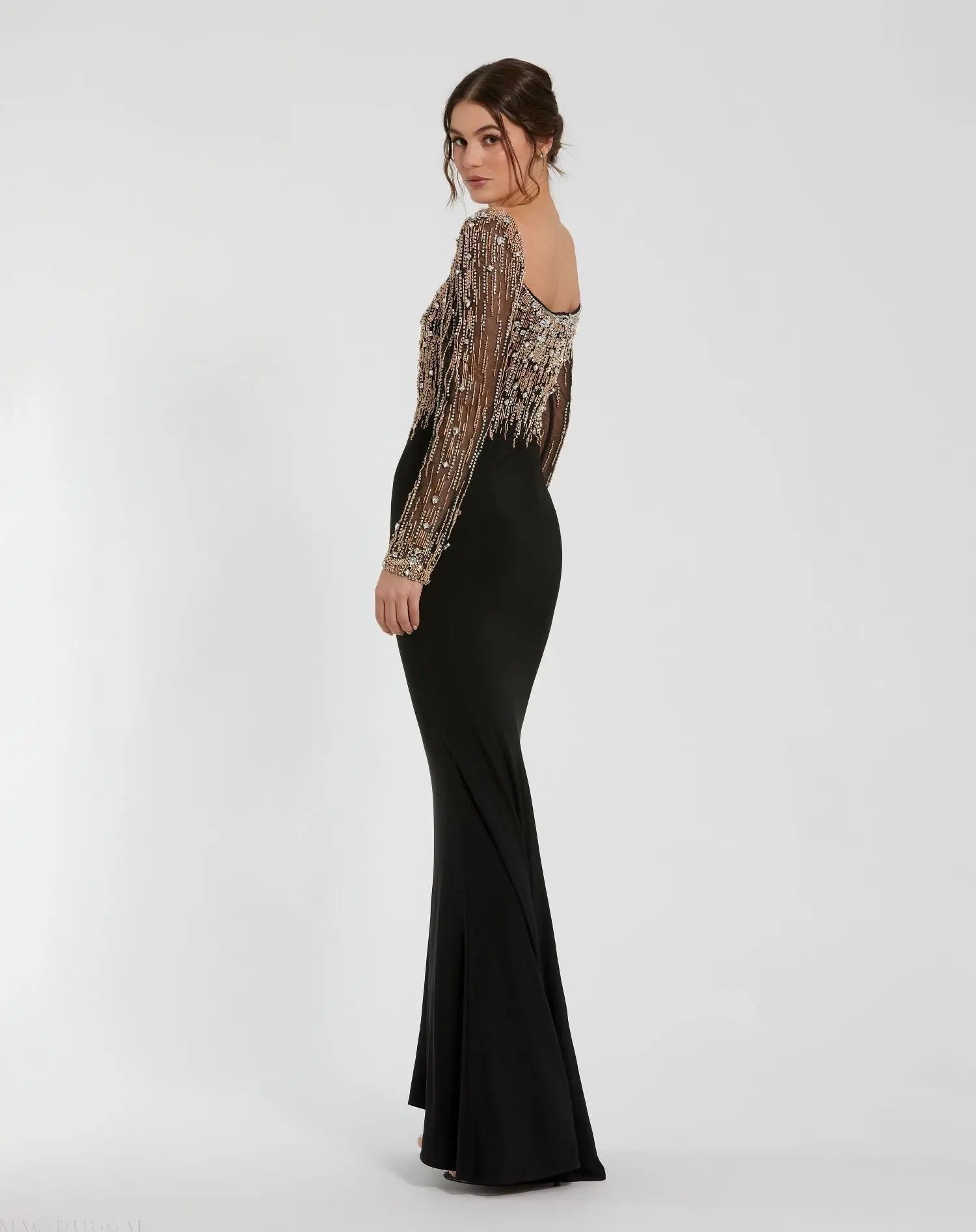 Black Beaded Square Neck Long Sleeve Jersey Gown - Image 3