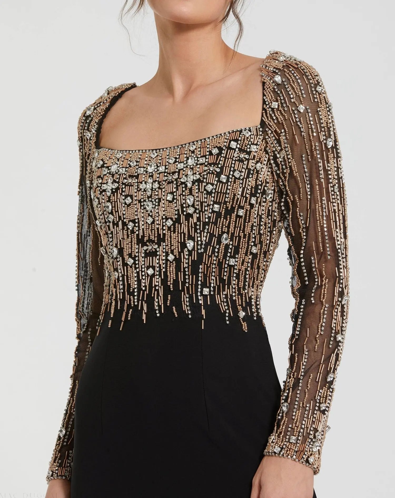 Black Beaded Square Neck Long Sleeve Jersey Gown - Image 2