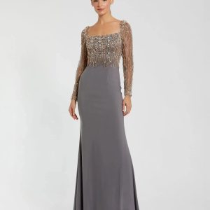 Gray Beaded Square Neck Long Sleeve Jersey Gown