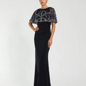 Navy Fitted Jersey Gown with Embellished Cape