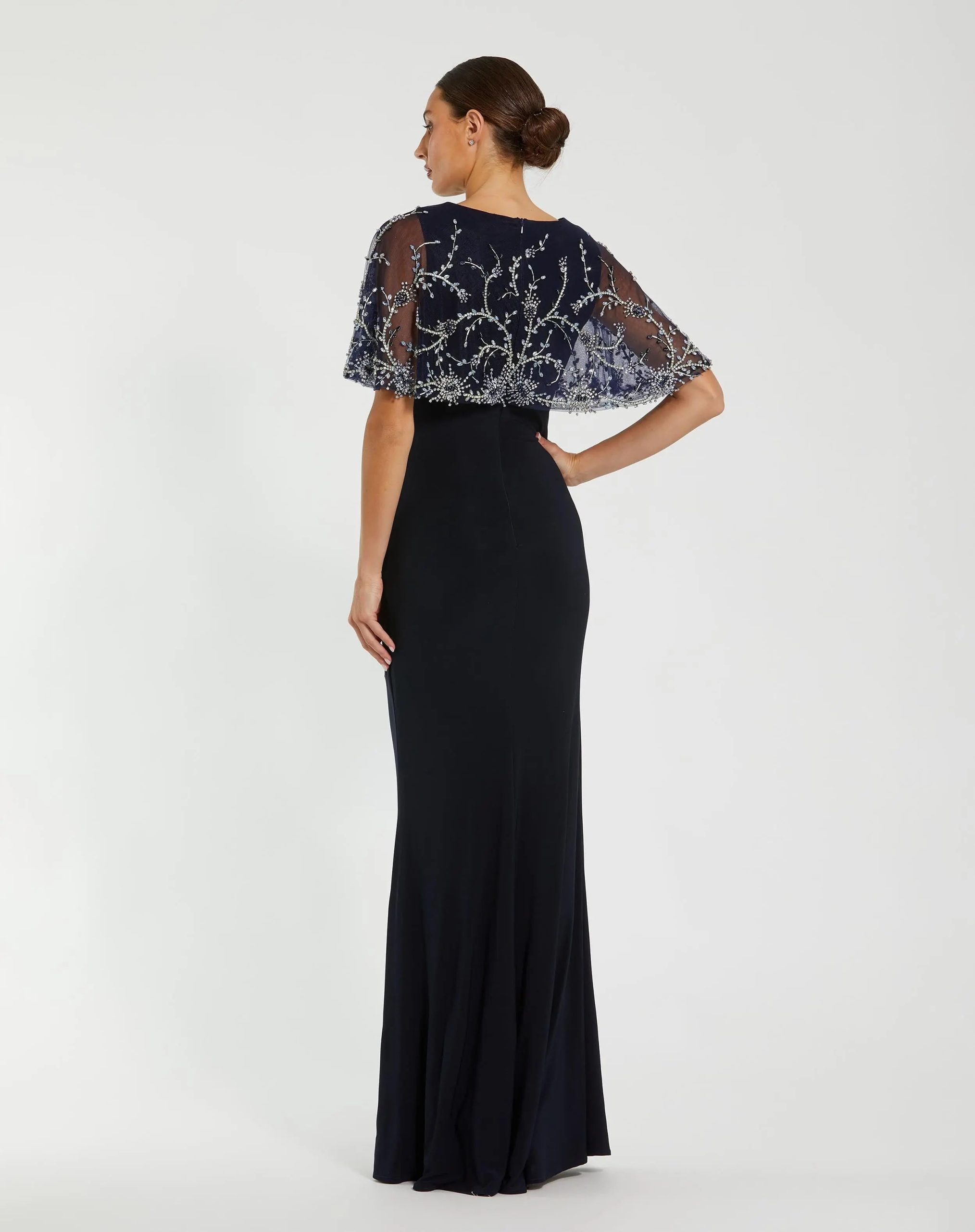 Navy Fitted Jersey Gown with Embellished Cape - Image 3