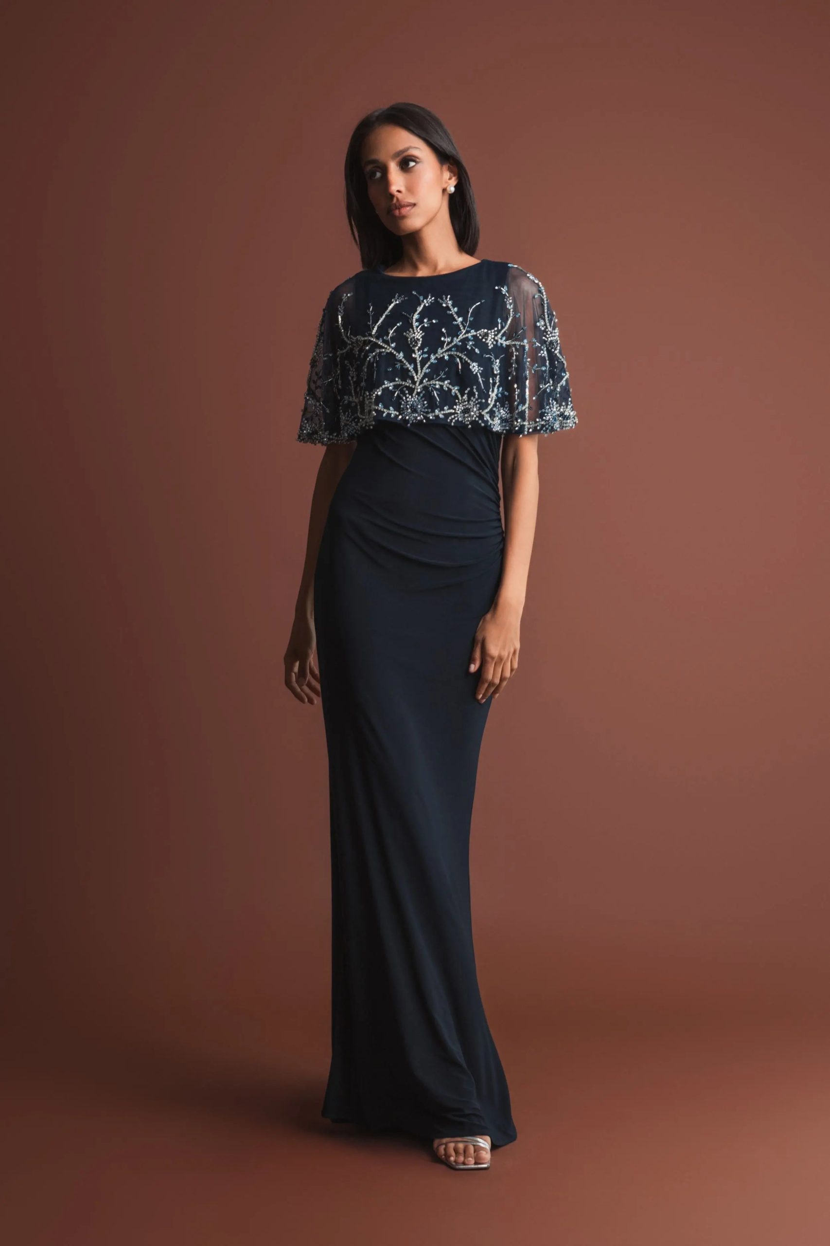 Navy Fitted Jersey Gown with Embellished Cape - Image 6