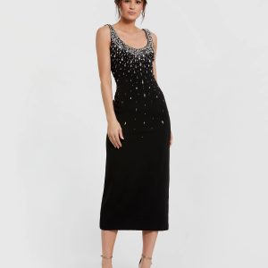 Black Beaded Crepe Scoop Neck Sleeveless Midi Dress