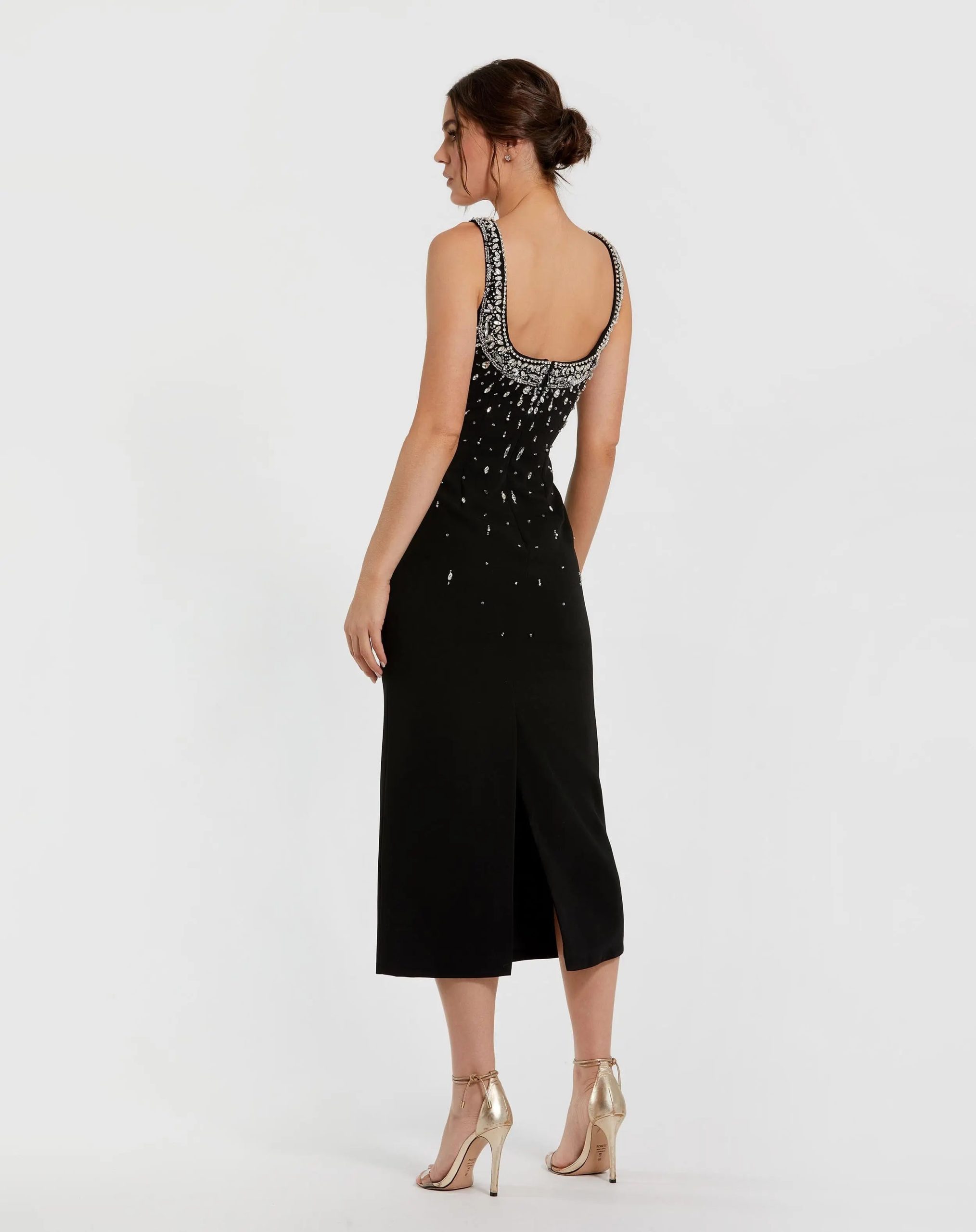 Black Beaded Crepe Scoop Neck Sleeveless Midi Dress - Image 3