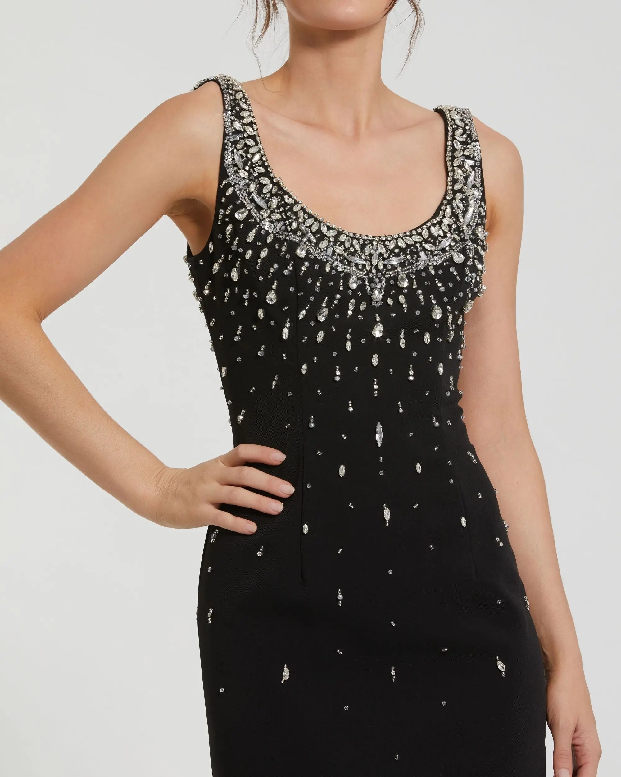 Black Beaded Crepe Scoop Neck Sleeveless Midi Dress - Image 2
