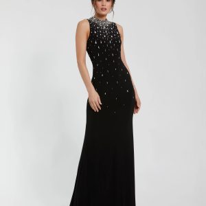 Black High Neck Sleeveless Beaded Jersey Fitted Gown