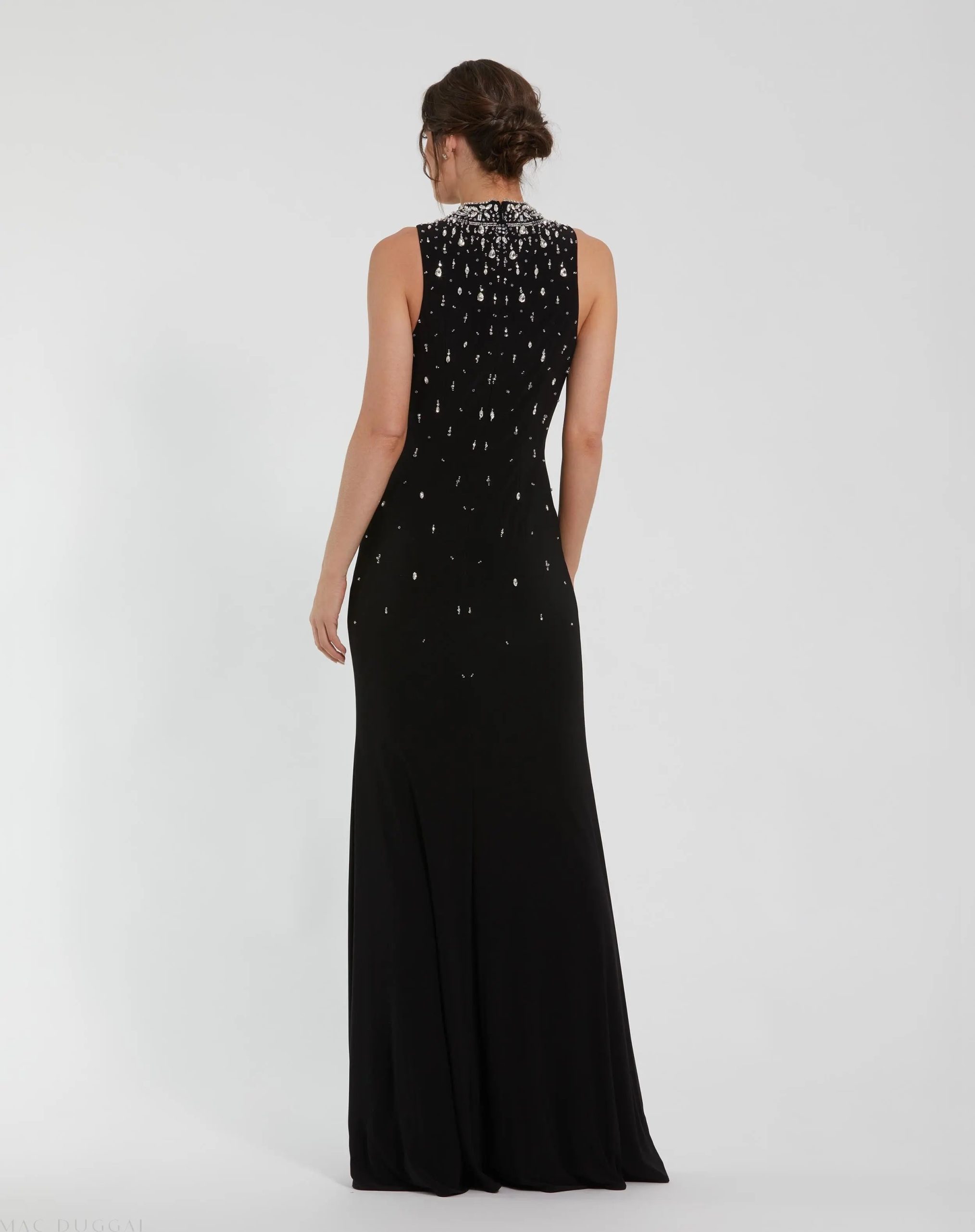 Black High Neck Sleeveless Beaded Jersey Fitted Gown - Image 3