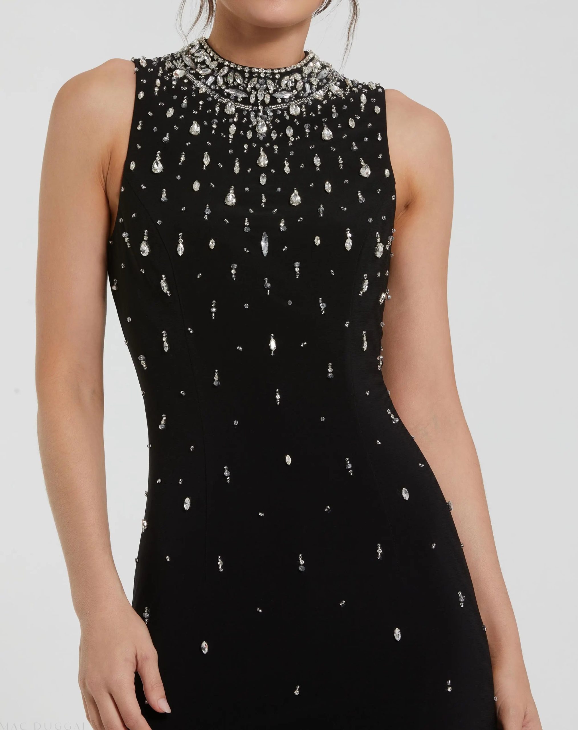 Black High Neck Sleeveless Beaded Jersey Fitted Gown - Image 2