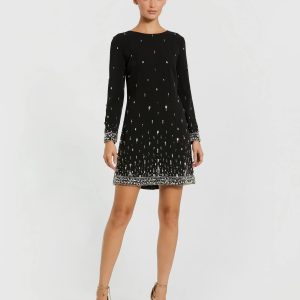 Black Embellished Crepe Long Sleeve Mini Dress