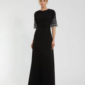 Black Crepe A Line Gown With Beaded 3/4 Sleeves