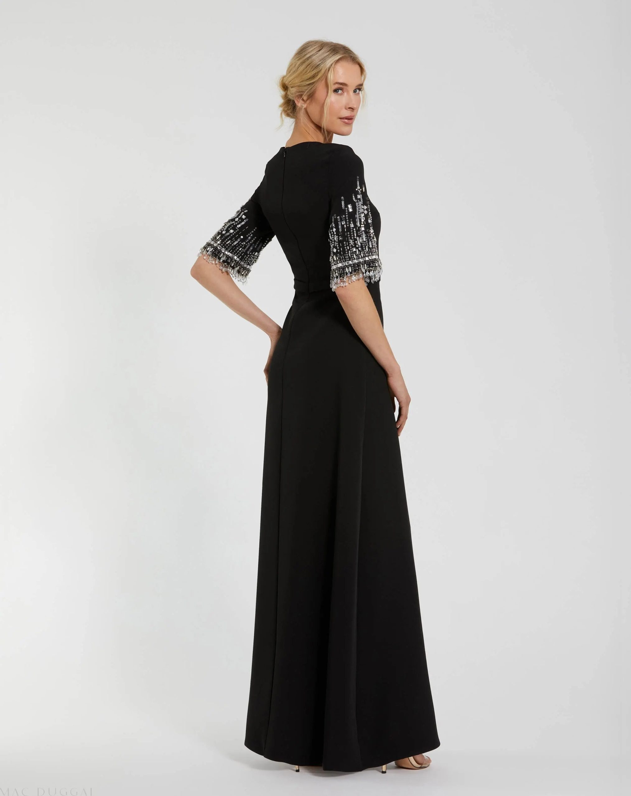 Black Crepe A Line Gown With Beaded 3/4 Sleeves - Image 3