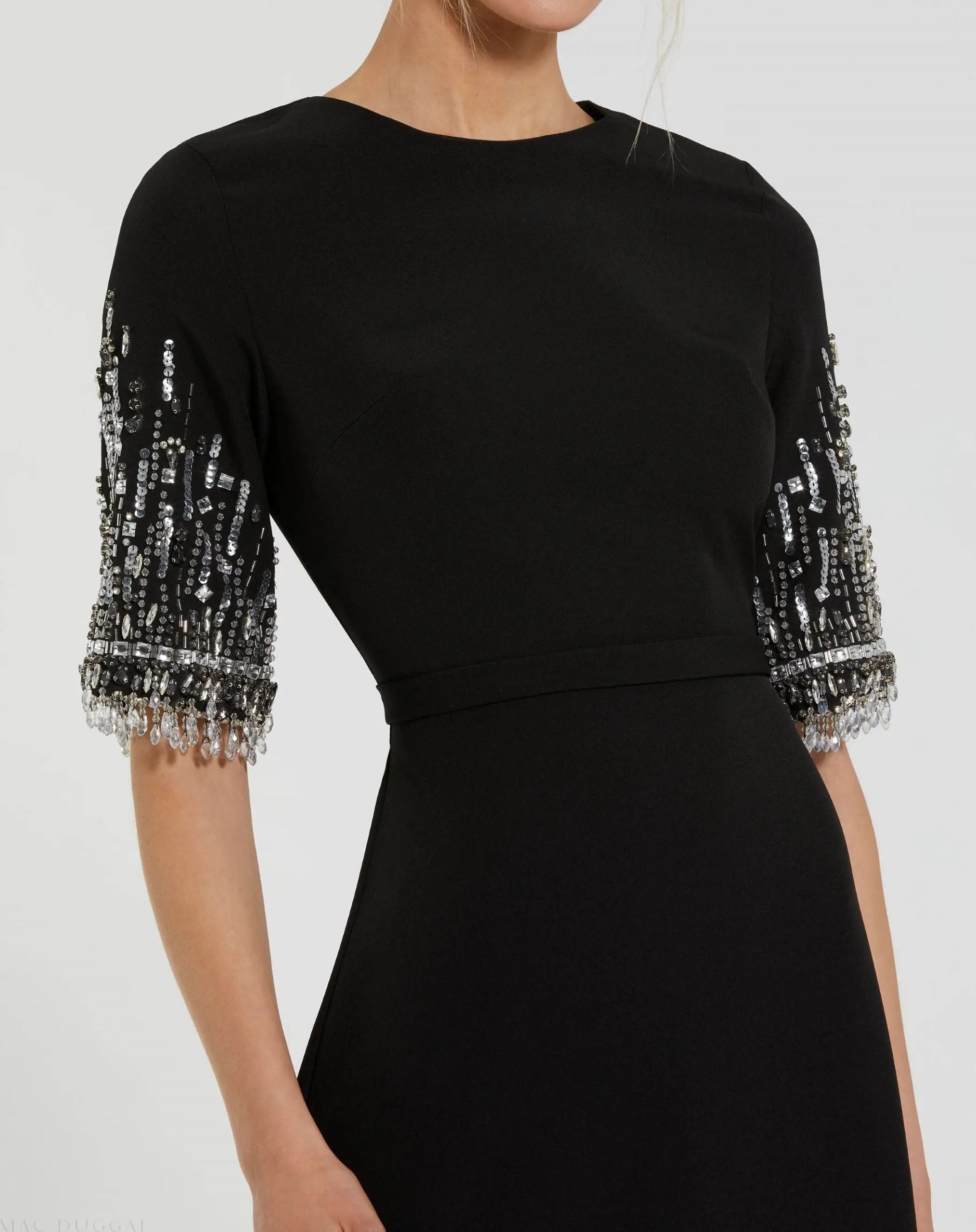 Black Crepe A Line Gown With Beaded 3/4 Sleeves - Image 2
